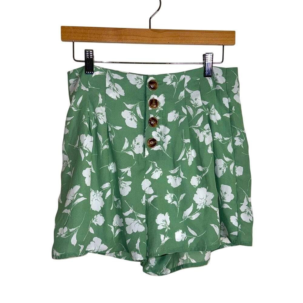 Alya Women's Floral High Waisted Button Front Shorts Green Size M